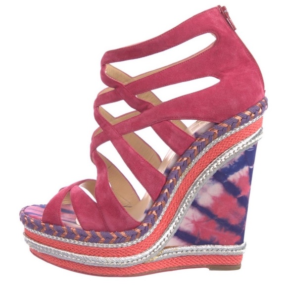 Christian Louboutin Shoes - Christian Louboutin Tosca Espadrille Pink Suede Leather Strap Wedge Sandals 39